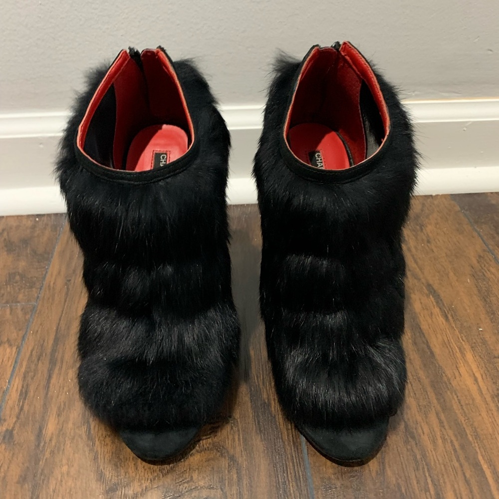 •CHARLES JOURDAN• Ecliptic Black Fur Bootie 8.5 real rabbit fur